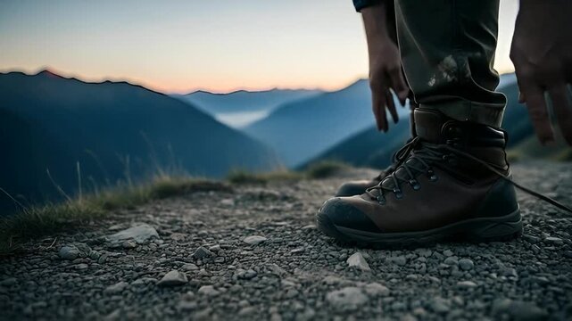 Preparing for a scenic hike in the mountains, tying hiking boots tightly