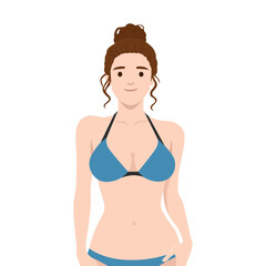 Young woman wearing a blue bikini with a relaxed and cheerful expression. Flat vector illustration isolated on white background