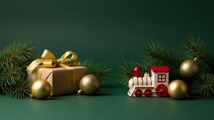 Elegant christmas still life with gift train and golden ornaments