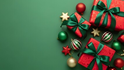 Festive christmas gifts and ornaments on a green background