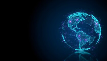 Digital representation of the Earth with glowing nodes and interconnected lines, on a dark background.
