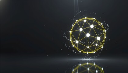 Futuristic yellow sphere of interconnected nodes floating above a reflective surface on a dark background.