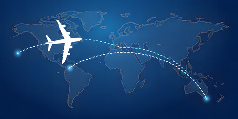 Airplane flying across world map with flight paths