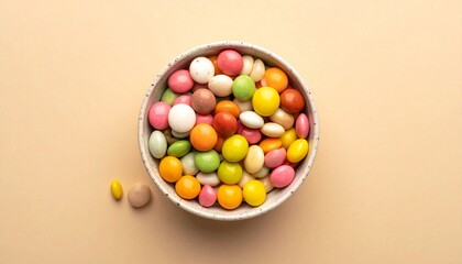 Obraz premium Bowl of Colorful Embossed Candies on Light Peach Background in Confectionery Close-Up Composition