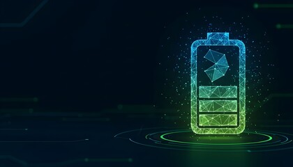 Digital battery icon with charging level indicator on dark background.