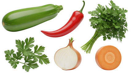 Fresh Vegetable and Herb Collection: Zucchini, Red Chili, Parsley, Half Onion, and Carrot Slice, Transparent PNG