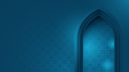Islamic background in blue design with mosque arch and light effect design