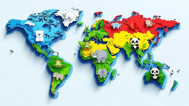 3D Layered World Map with Animals by Continent for Education and Geography