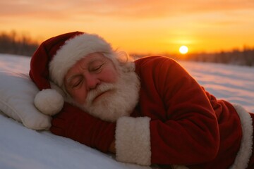 Obraz premium Santa Claus catching peaceful sleep on a white pillow in fresh snow during a vibrant winter sunrise, representing holiday rest