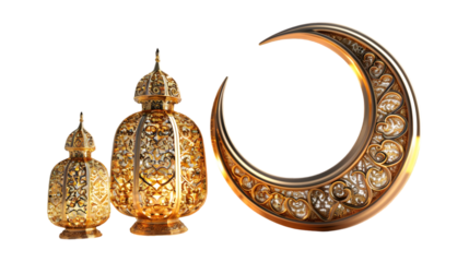 Elegant Golden Crescent Moon and Ornate Lanterns for Islamic Celebrations