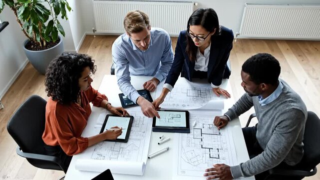 Four diverse business people collaborate around a table reviewing architectural blueprints and digital tablet designs from an overhead perspective