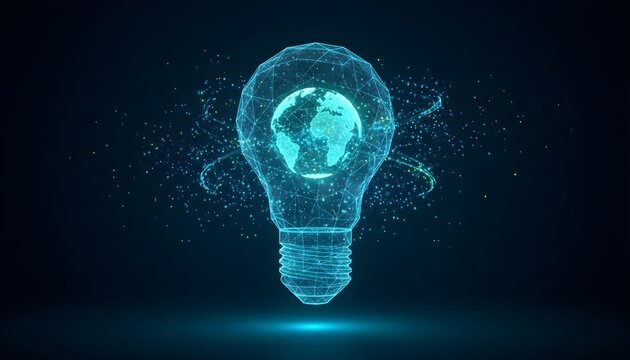 A glowing blue digital lightbulb with a holographic Earth inside, symbolizing innovation and global ideas.