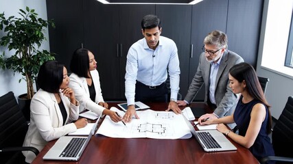 Diverse team of five business professional reviewing architectural blueprint plan together around conference table in modern office meeting