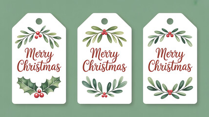 Three christmas gift tags with festive watercolor foliage and merry christmas text on a green background