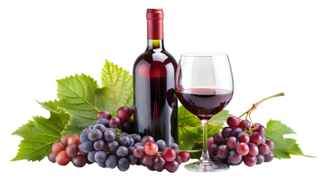 Elegant red wine bottle and glass arrangement with fresh grapes and vibrant green leaves, perfect for culinary and beverage promotions or sophisticated lifestyle imagery