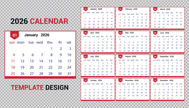 2026 calendar template design, featuring all twelve months with dates and days, organized in a clear, modern, and easy-to-read grid layout for personal and business planning purposes.