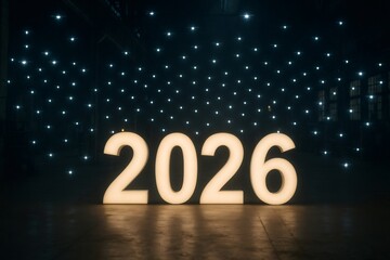 Illuminated year 2026 numbers on a dark floor with a future themed drone light display in a modern space