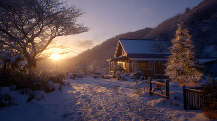 Cozy Snowy Cabin at Sunrise in Peaceful Winter Landscape
