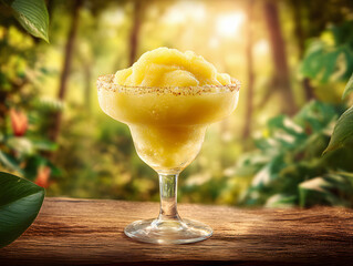 Tropical Frozen Mango Drink in Glass with Sunlit Jungle Background
