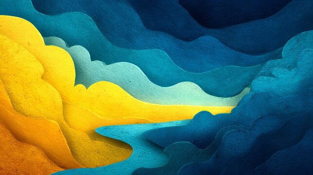 Vibrant abstract landscape with flowing colorful paper or fabric textures in shades of yellow, blue, and teal for artistic or design use