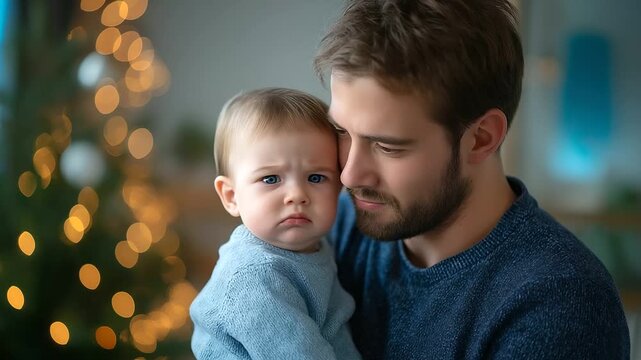 Young faceless father playing with unhappy baby son at Christmas home, winter comforting moment, holiday parent care, seasonal bonding concept, defocused decorations , with copy sp