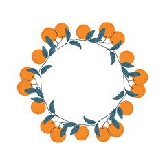 Orange branch wreath frame. Modern citrus fruit circular border. Scandinavian style vector art