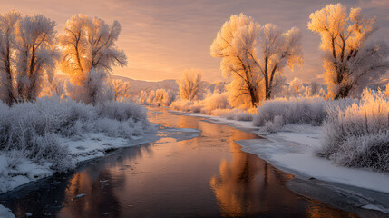 Golden Winter Sunset Over Snowy River Valley with Frosted Trees
