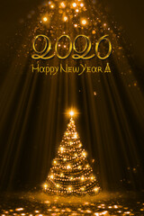 Golden Christmas tree and Happy New Year 2026, handwritten inscription isolated on blur bokeh background.