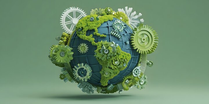 Intricate globe sculpture made of vibrant green and blue gears and foliage representing environmental themes and global interconnectedness