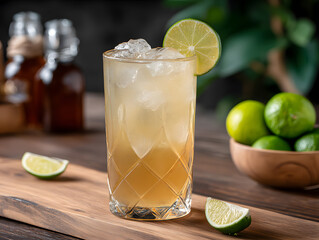Refreshing Lime Cocktail with Ice in Glass on Wooden Table

