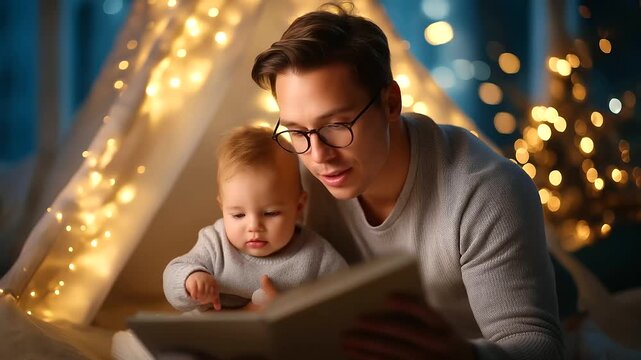 Faceless young adult man reading picture book to baby in play tent with Christmas lights, winter paternity leave, holiday father holding toy, seasonal close sitting , with copy spa