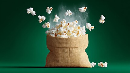 A bag of popcorn is shown with a green background. The popcorn is flying out of the bag, creating a sense of motion and excitement. The scene conveys a feeling of fun and enjoyment