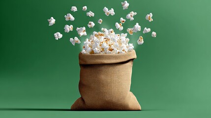 A bag of popcorn is shown with a lot of popcorn coming out of it. The bag is gold and the popcorn is white. The image has a fun and playful mood, as if someone is having a good time at a movie theater