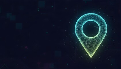 Glowing location pin icon on dark background.