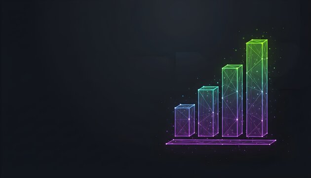 Abstract digital bar graph rising, representing growth, progress, and data visualization on a dark background. - Powered by Adobe