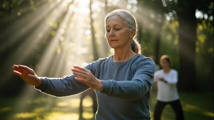 focused senior caucasian woman practicing tai chi in park with copyspace. serene morning with sunbeams. active aging, wellness, and mindfulness.