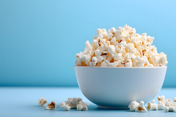 Bowl of Fresh Popcorn on Minimal Light Blue Background
