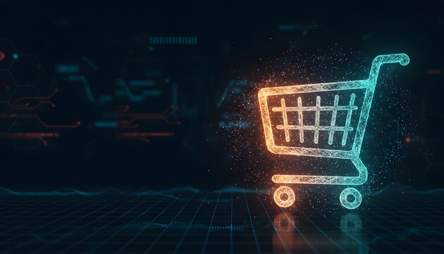 Futuristic e-commerce concept with a glowing digital shopping cart icon on a dark, abstract technology background. - Powered by Adobe