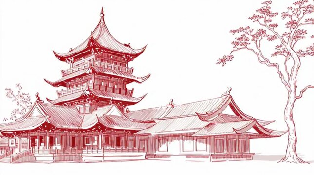 Red Pagoda Temple with Tree Illustration chinese new year green screen clean white background religion atribute