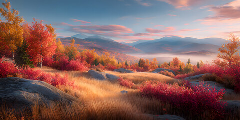 Dreamy Autumn Landscape with Golden Grass and Colorful Trees
