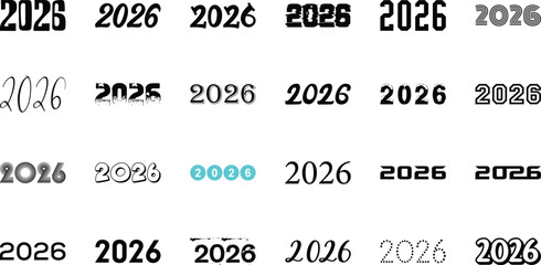 2026 Year Number Collection. 2026 typography logo set. Diverse Typography and Style Set for New Year Design.  black and white vector illustration