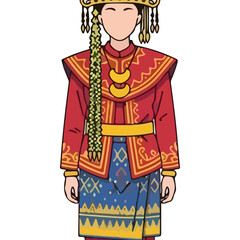 Traditional Indonesian Woman Wearing Elaborate Red Costume and Intricate Blue Skirt with Gold Jewelry