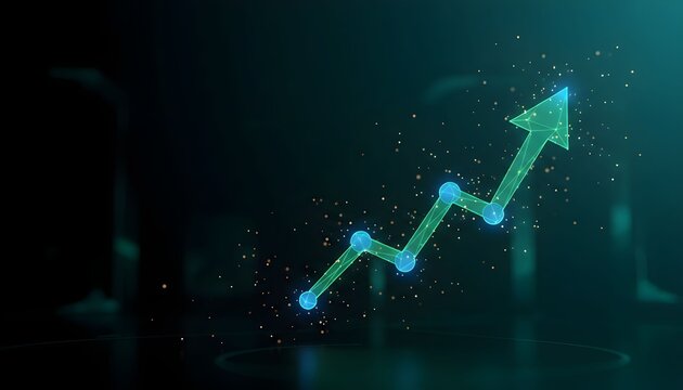 Digital illustration of a green upward trending arrow with connecting dots, representing growth. - Powered by Adobe