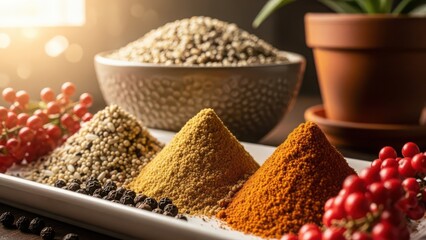 A vibrant still life arrangement of colorful spice powders and whole spices in textured bowls and piles evoking culinary inspiration and global flavors