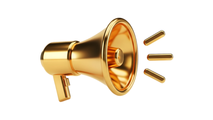 shiny gold megaphone emitting sound lines — ideal for announcements, marketing, promotions, broadcast messages, alerts, public relations, or call-to-action visuals.

