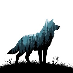 Wolf silhouette filled with evergreen forest landscape and grass trees