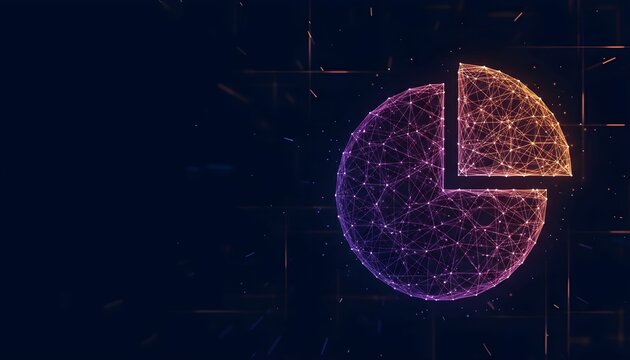 Abstract digital pie chart illustration with glowing lines and dots, representing data analysis.