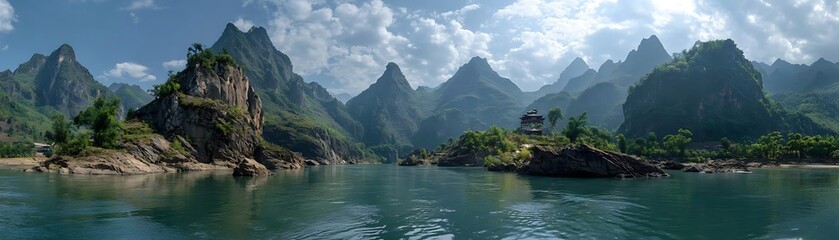 Serene panorama showcases dramatic karst mountains reflected in calm, wide river waters