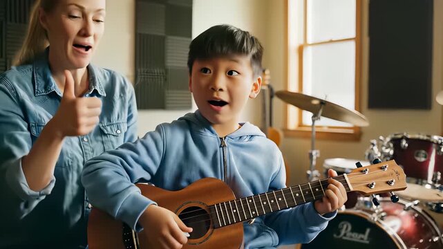 Close up of a harmonious moment unfolds as a woman guides a young boy in playing guitars together in a cozy music studio, capturing the heartwarming concept of learning through bonding.