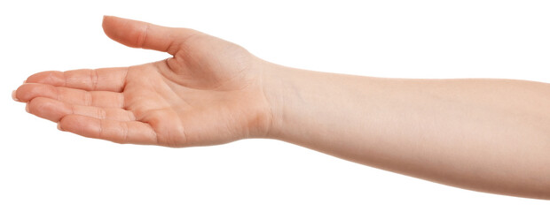 Woman showing gesture with hand on white background, closeup